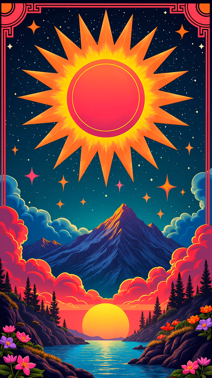 Vibrant sunset illustration featuring a radiant sun, reflective lake, and colorful clouds.