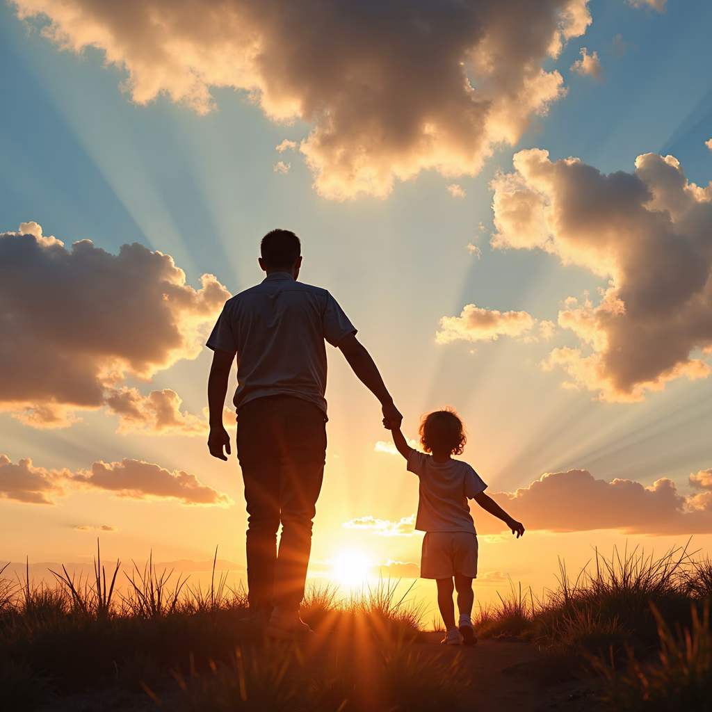 Father and son walking hand-in-hand during a beautiful sunset, symbolizing family love and unity.