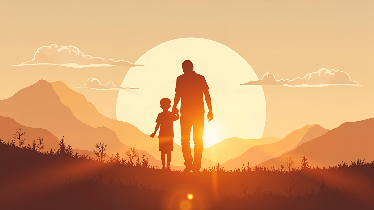 A father and son walking hand-in-hand at sunset, symbolizing unity and shared journey.