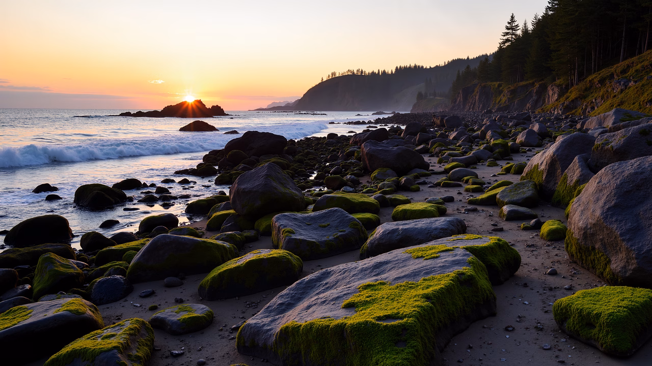 A peaceful sunset over mossy rocks and a sandy beach, with gentle ocean waves and evergreen trees in the background.