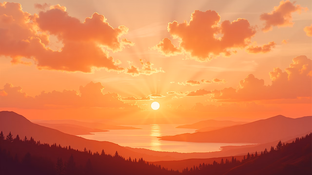 A tranquil sunset over a bay with rolling hills and dense forests.