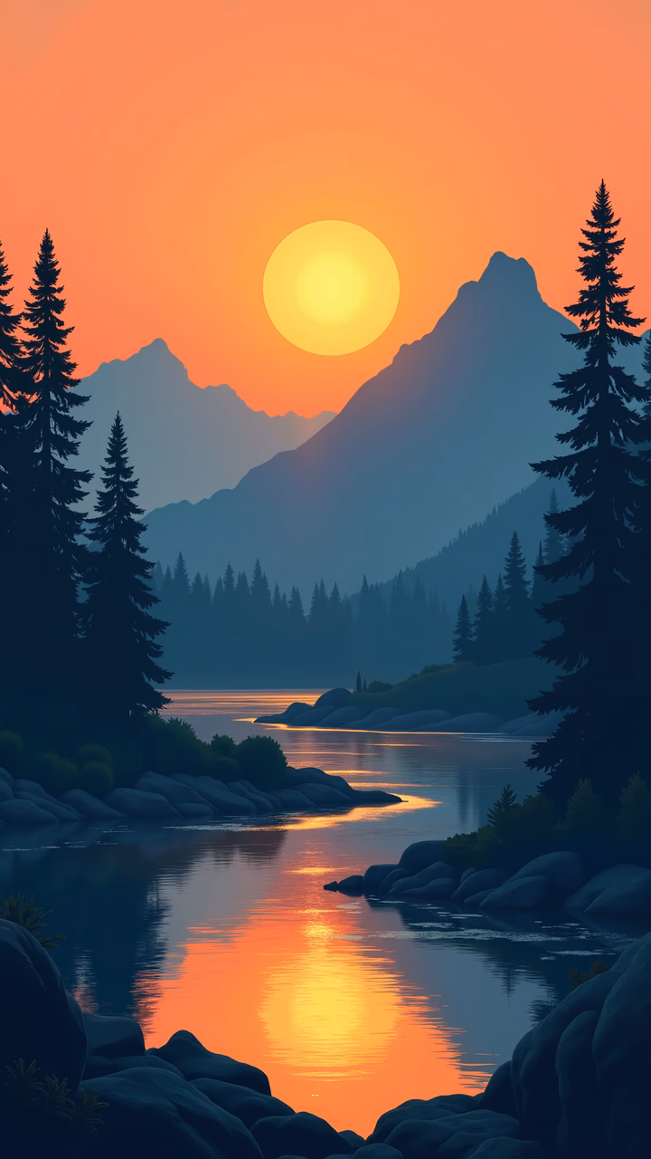 A peaceful sunset over a mountainous landscape with evergreen trees and reflective water.