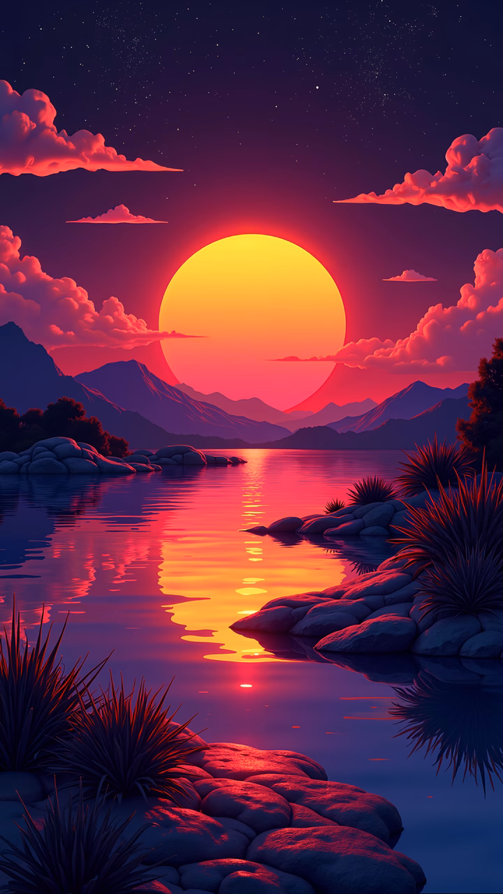 A tranquil sunset scene with vibrant colors and reflective water, evoking peace and tranquility.