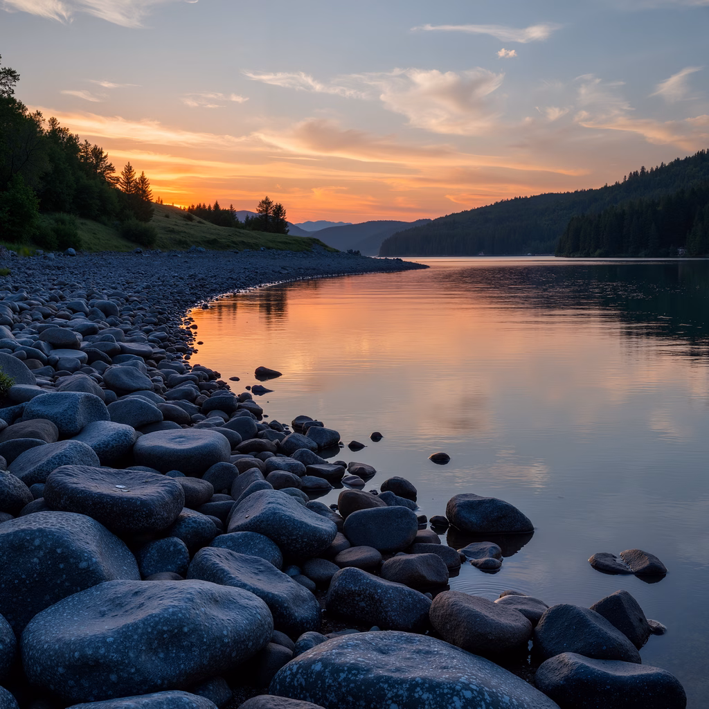 A tranquil sunset scene with vibrant reflections and textured rocks.