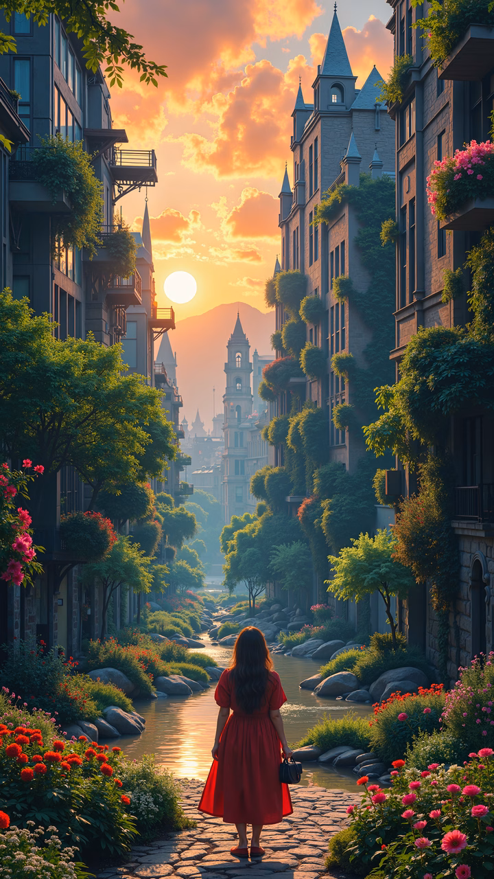 A woman in a red dress walks through a picturesque sunset landscape with blooming flowers and a castle in the background.