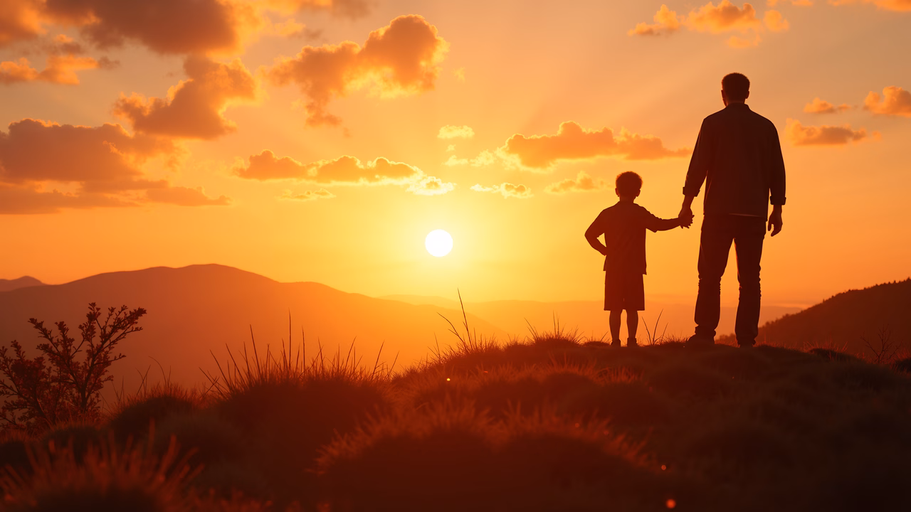 Two silhouetted figures hold hands against a vibrant sunset backdrop, symbolizing unity and peace.
