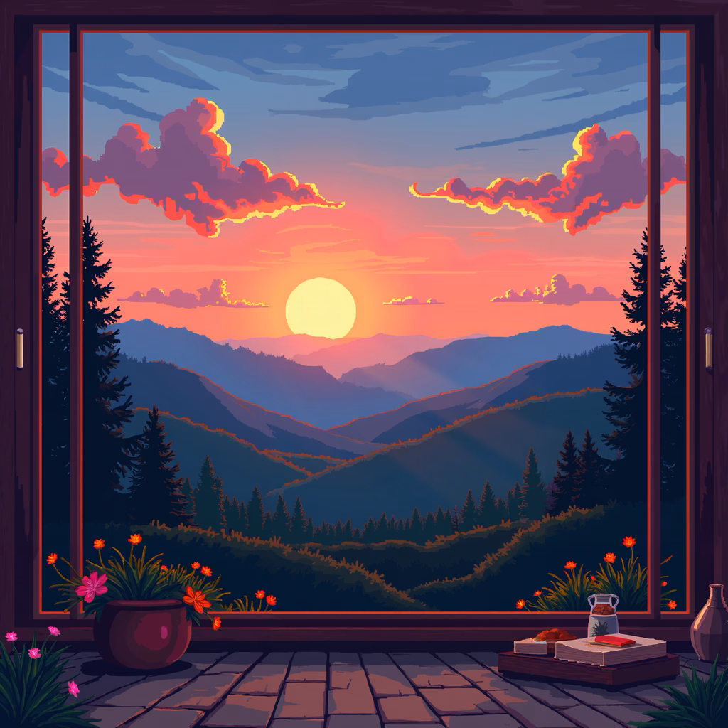 A tranquil sunset scene viewed through a window, featuring vibrant colors and a cozy interior setting.