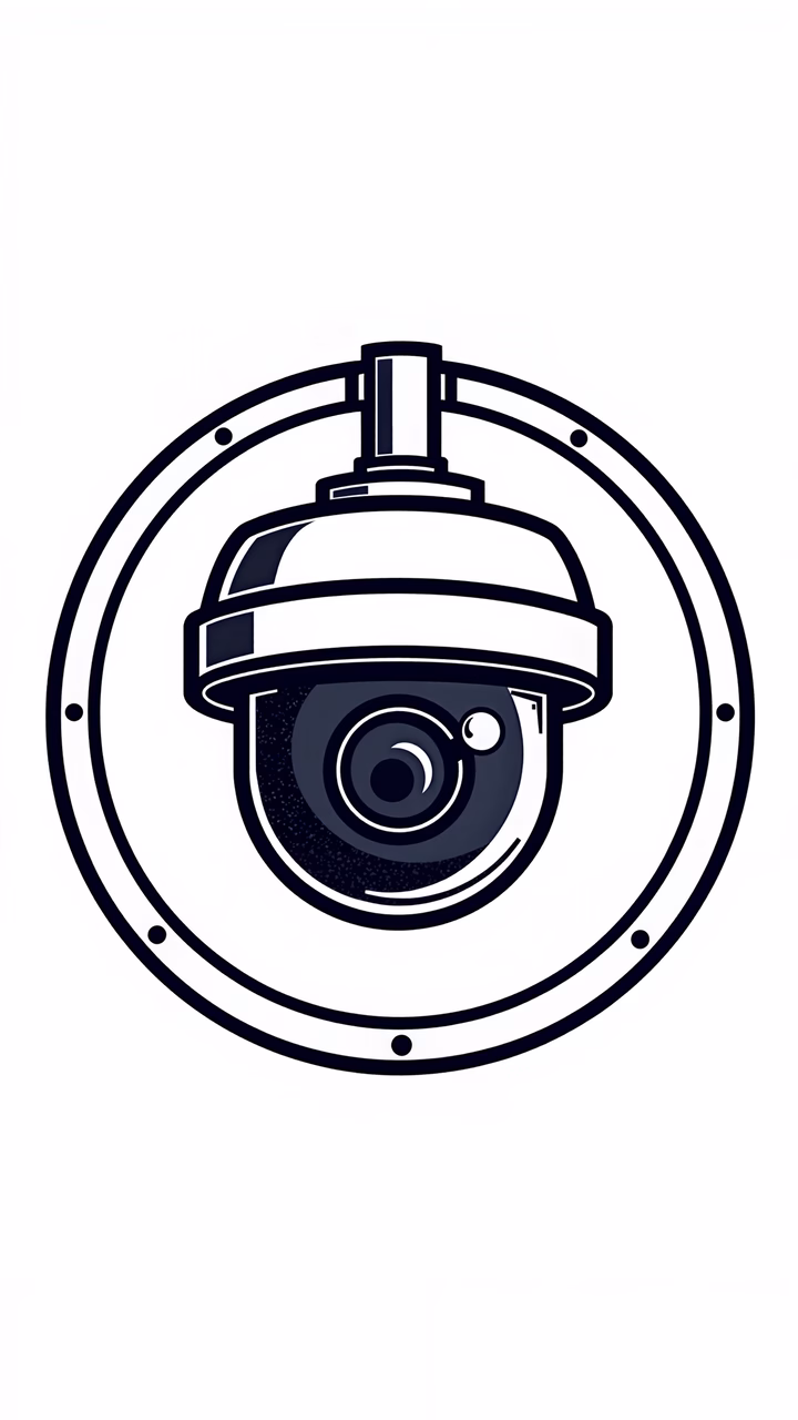 Minimalist illustration of a surveillance camera in black and white.