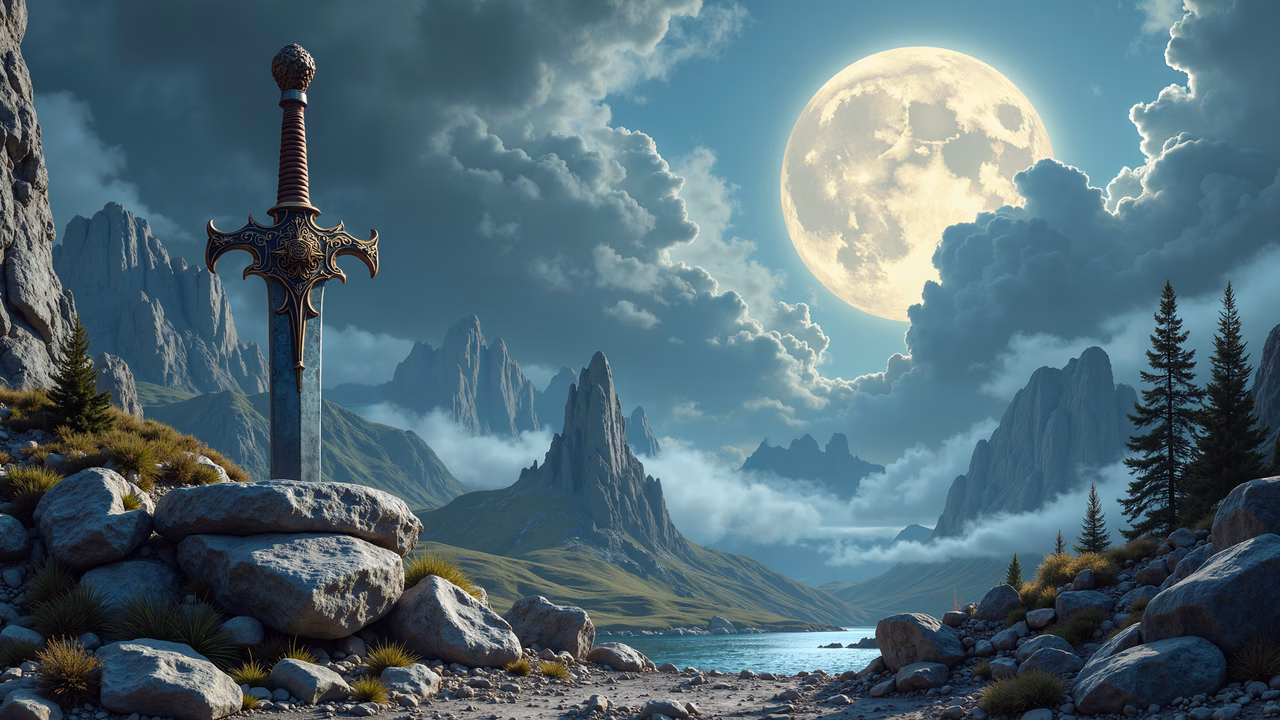 Mystical sword in moonlit mountains, blending fantasy and nature.