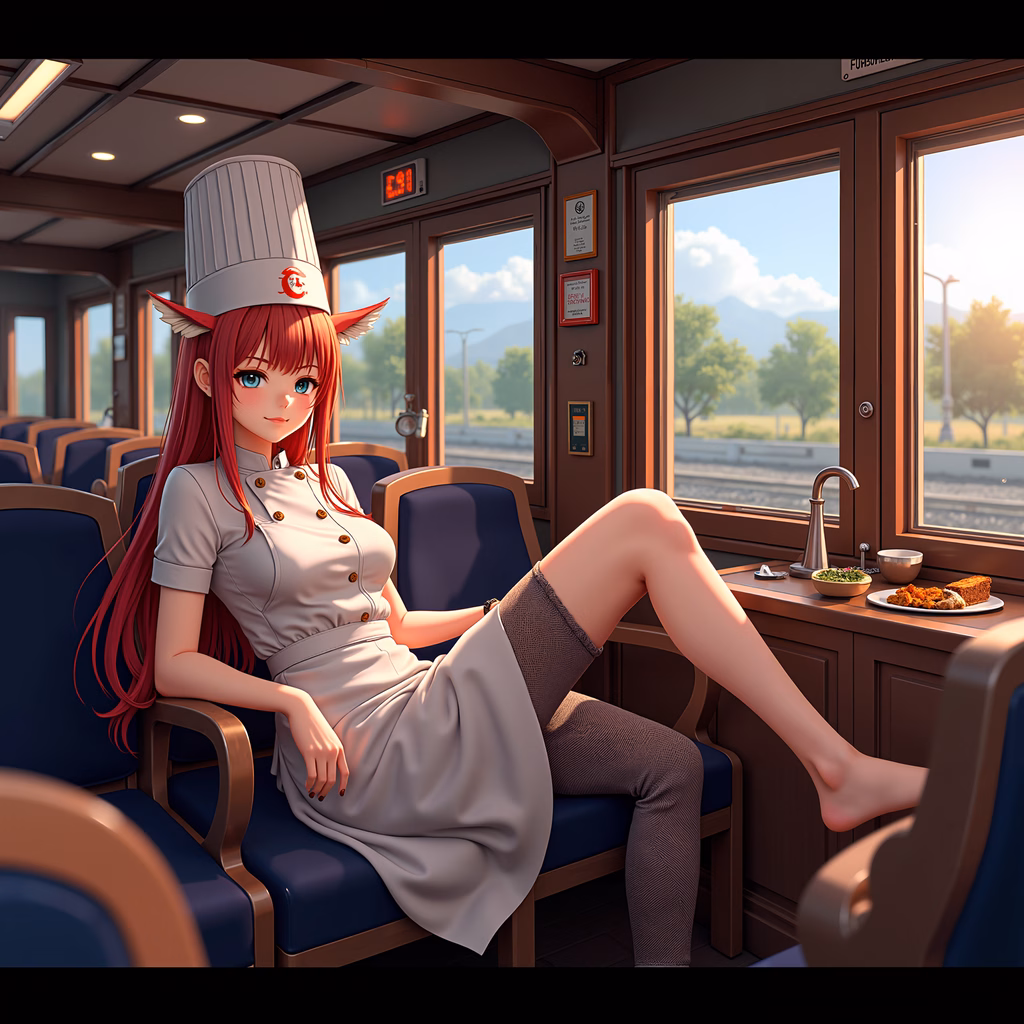 Relaxed chef enjoying the view from a train window, bathed in warm sunlight.