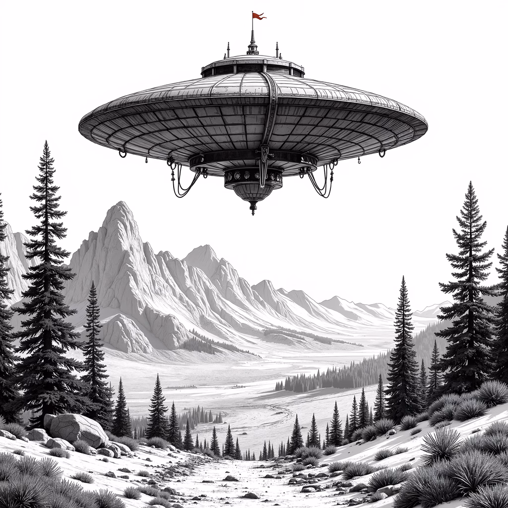 Mysterious UFO hovering over a tranquil mountain landscape.