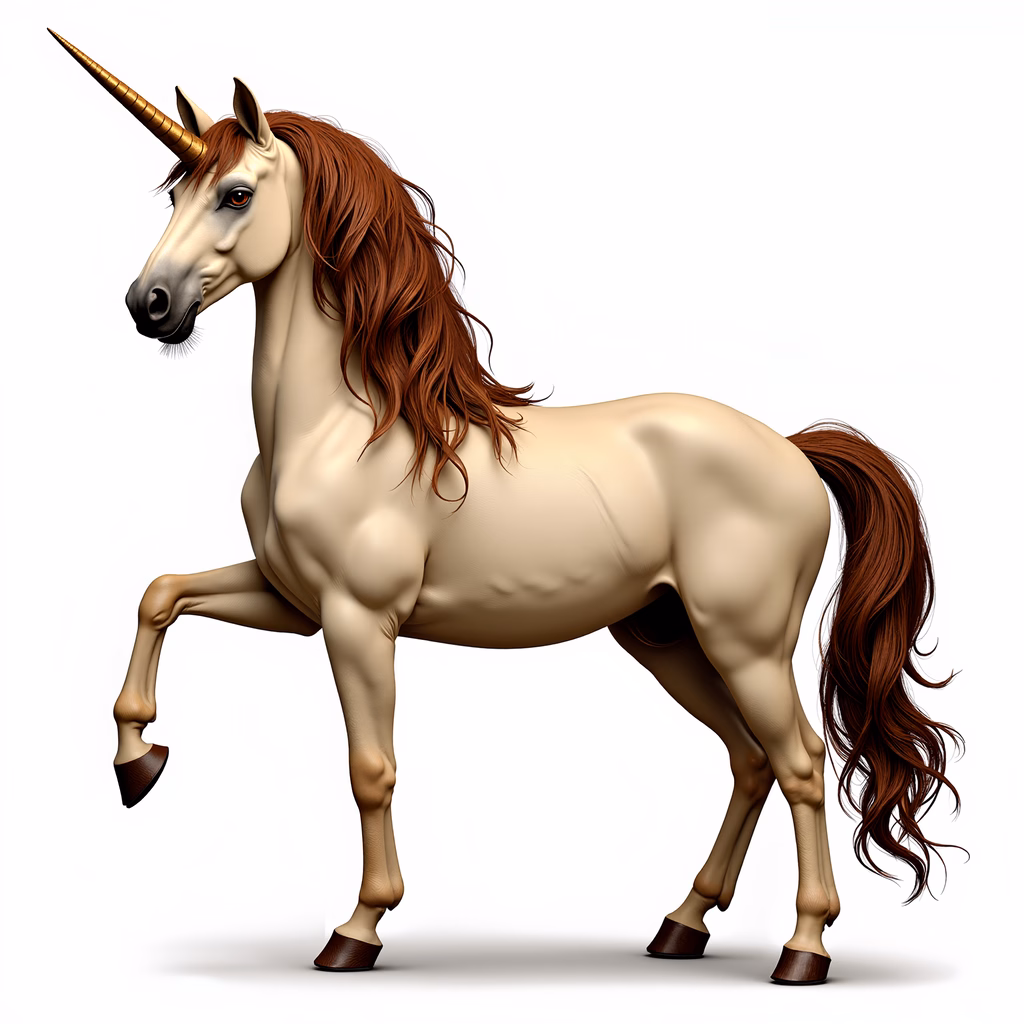 A detailed illustration of a unicorn with a golden horn and flowing mane.