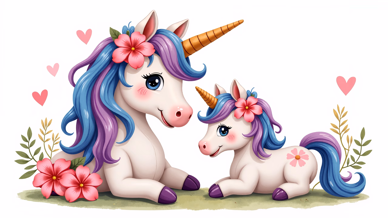Two cute unicorns in a heart-filled scene, perfect for children’s art.