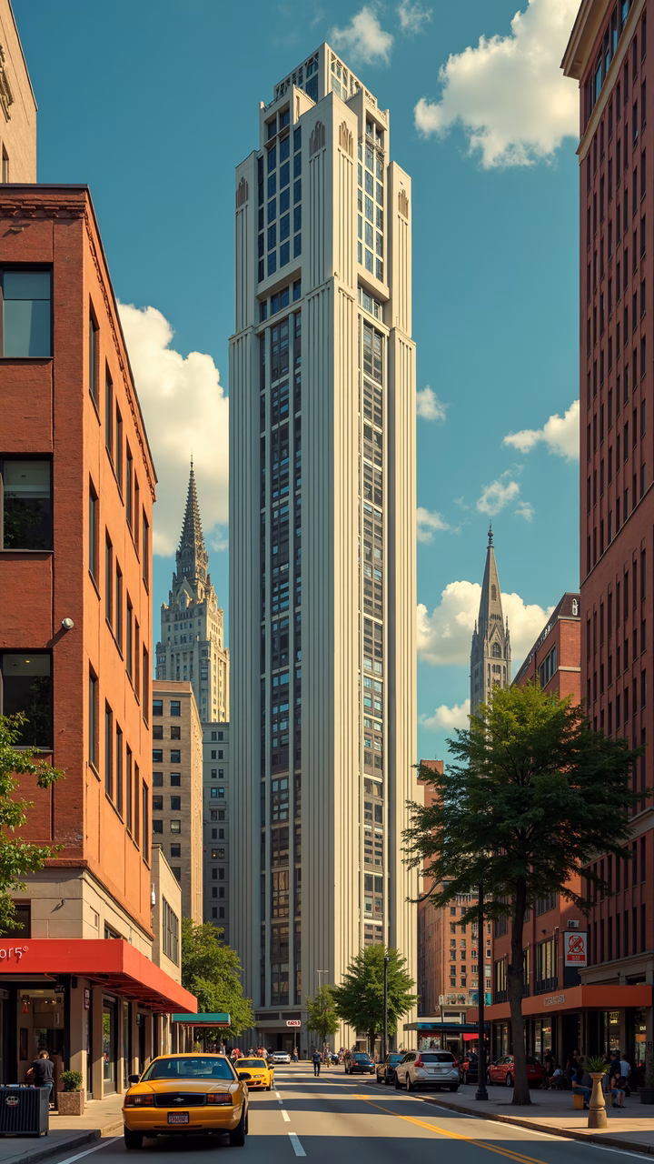Modern skyscraper amidst historic cityscape with yellow taxis and clear blue sky.