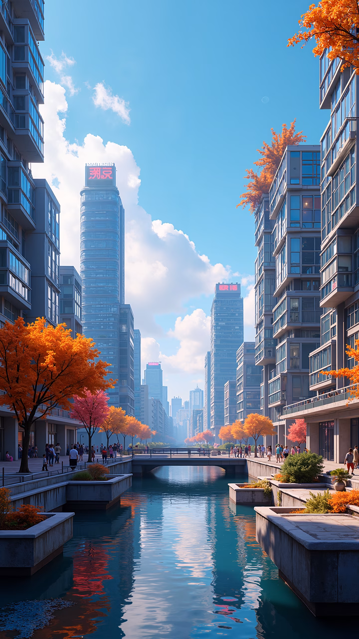 A peaceful urban oasis with modern skyscrapers and autumnal trees.