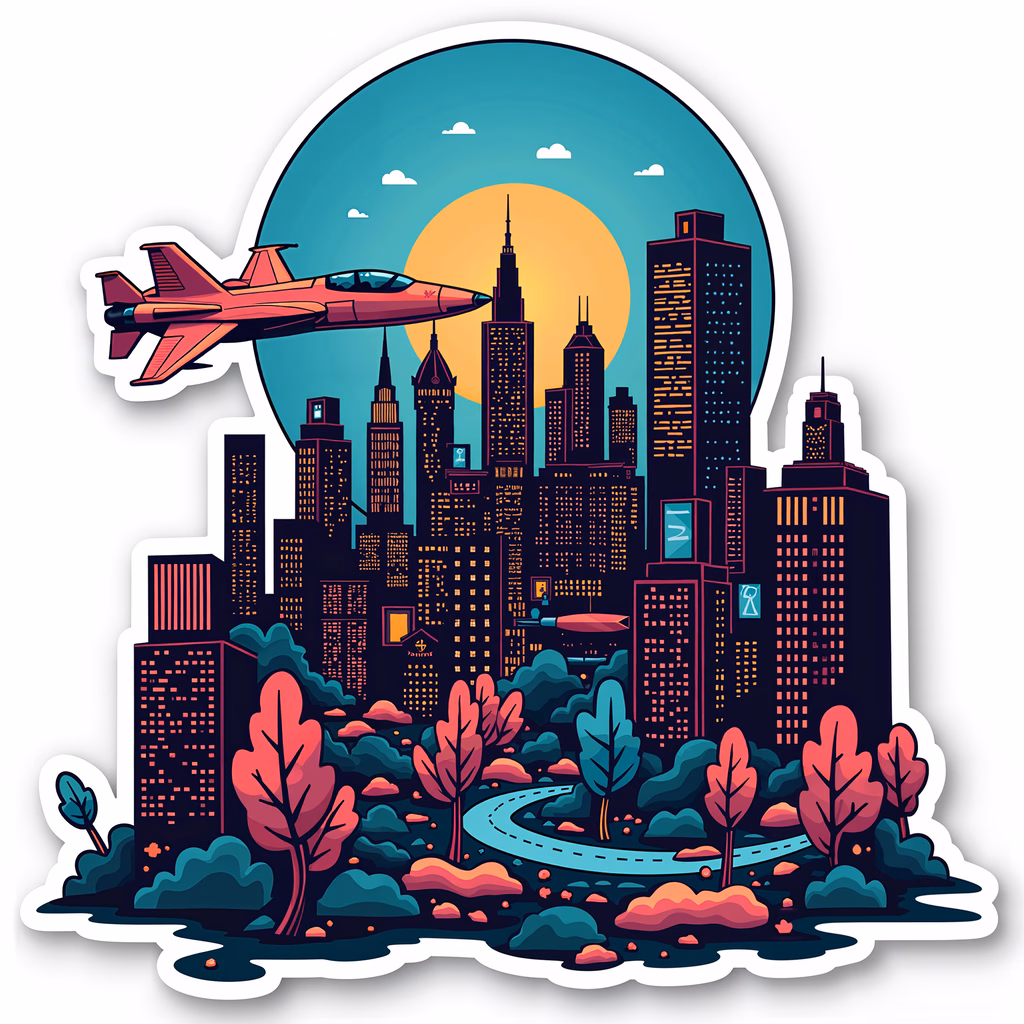 Vibrant urban skyline with glowing sun and flying jet.