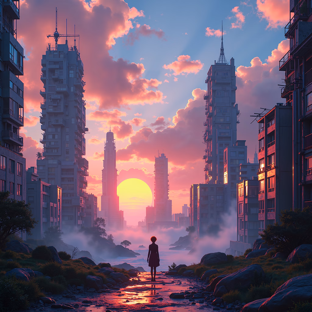 Solitary figure amidst urban sunset, blending tranquility and urbanity.