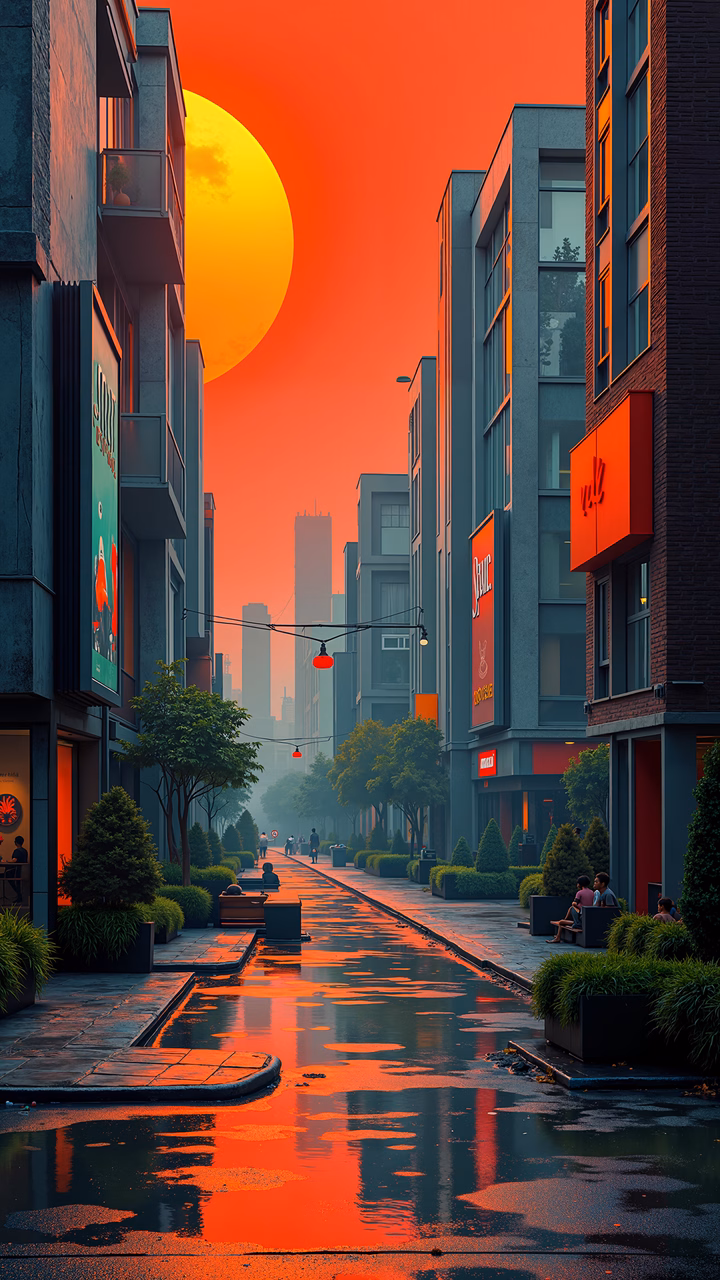 A tranquil urban sunset scene with vibrant colors and reflections on wet streets.