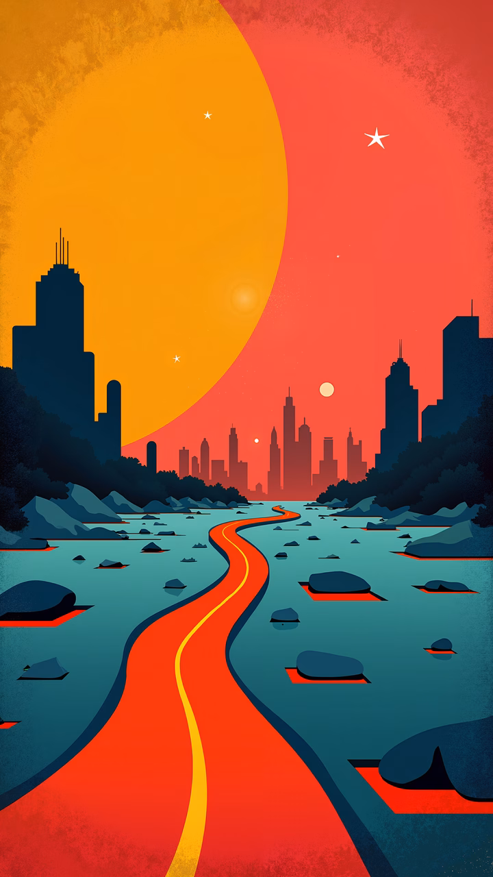 Vibrant urban sunset illustration with contrasting colors and a winding road.