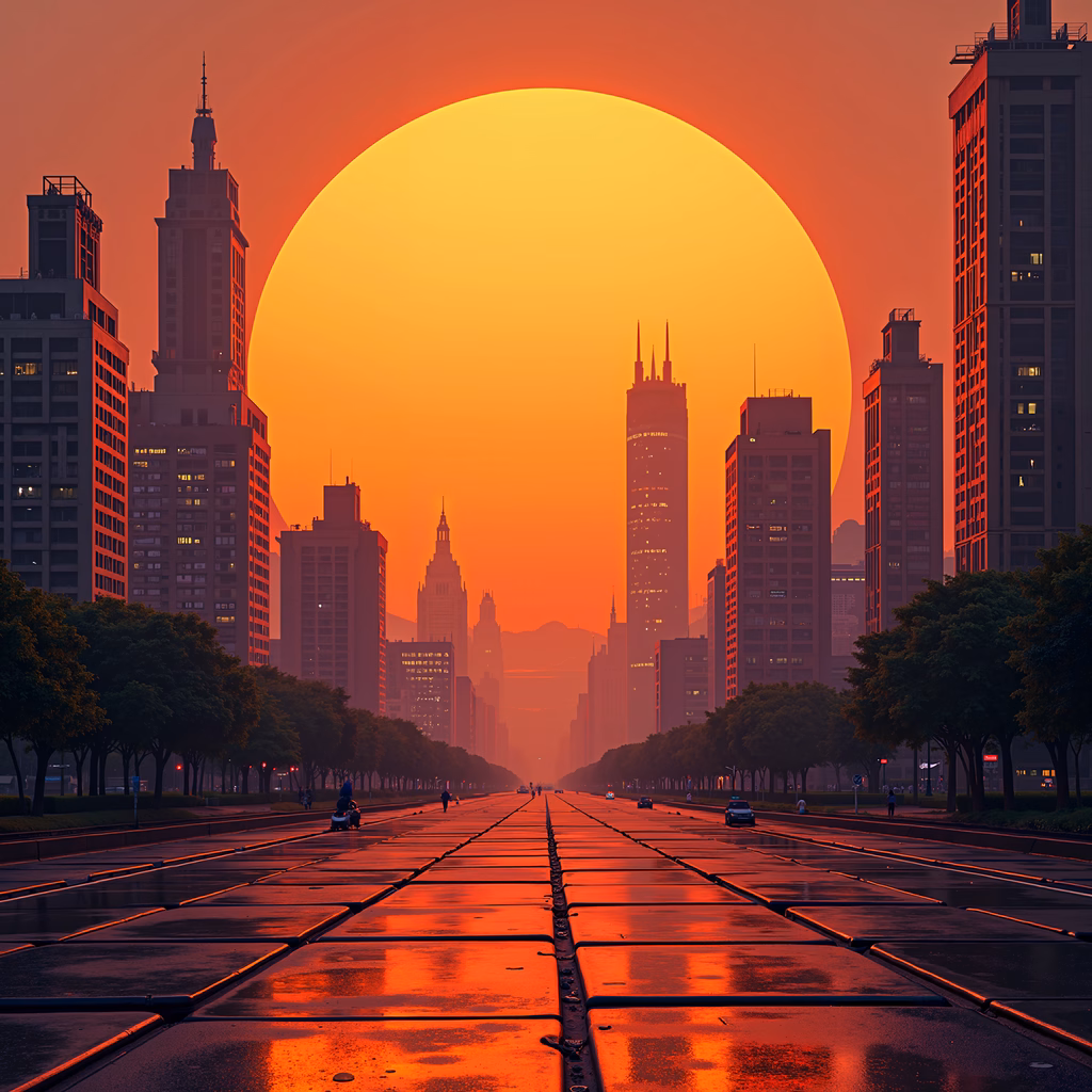 A tranquil urban sunset scene with vibrant orange hues and reflective wet roads.