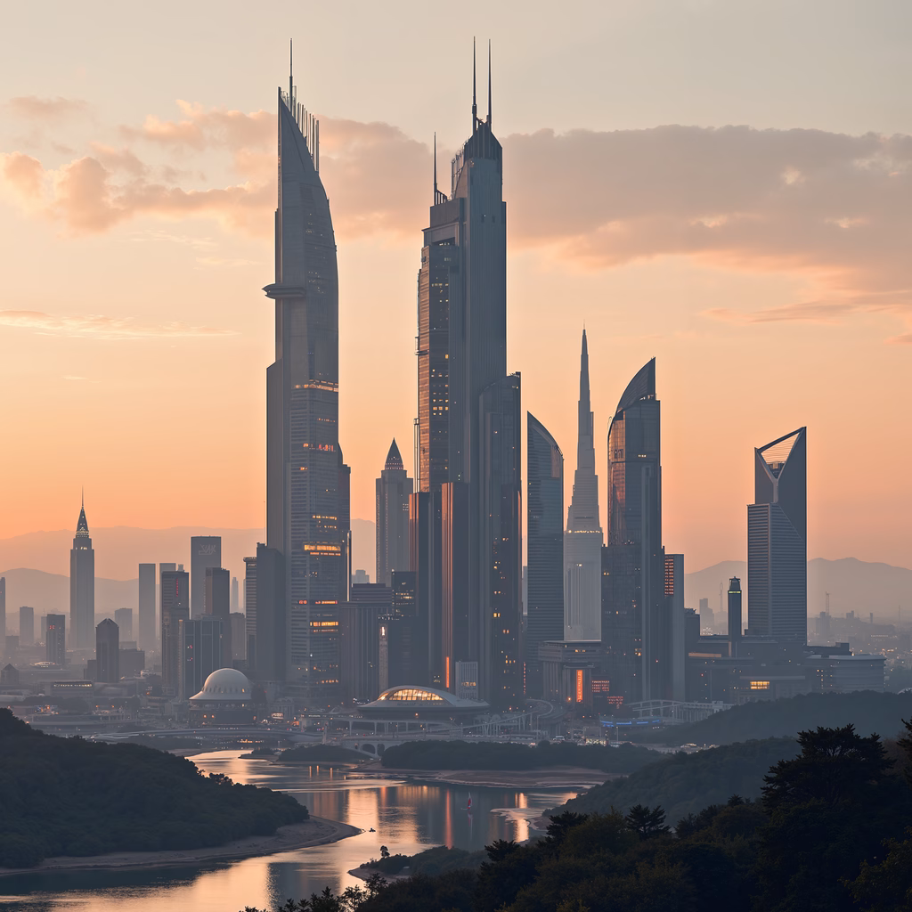Modern cityscape at sunset, blending urban architecture with natural serenity.