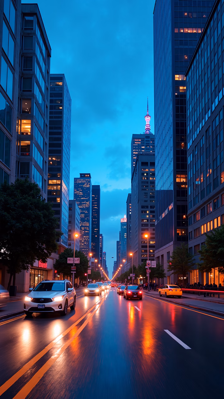 A serene urban scene at twilight with reflections and warm lights.