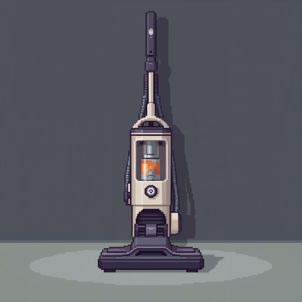 Minimalist pixel art of a vacuum cleaner with a clean design and monochromatic tones.