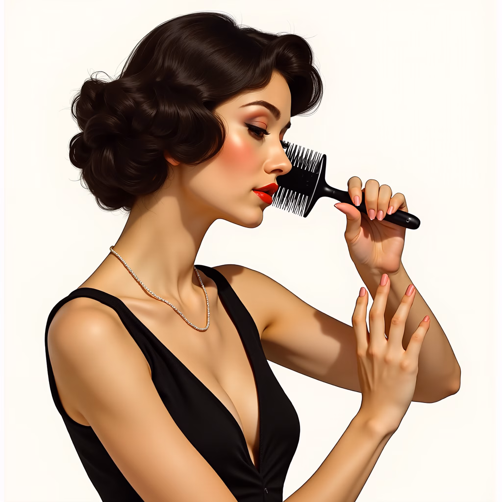 Elegant vintage beauty with soft curls and bold red lipstick, holding a sleek black hairbrush.