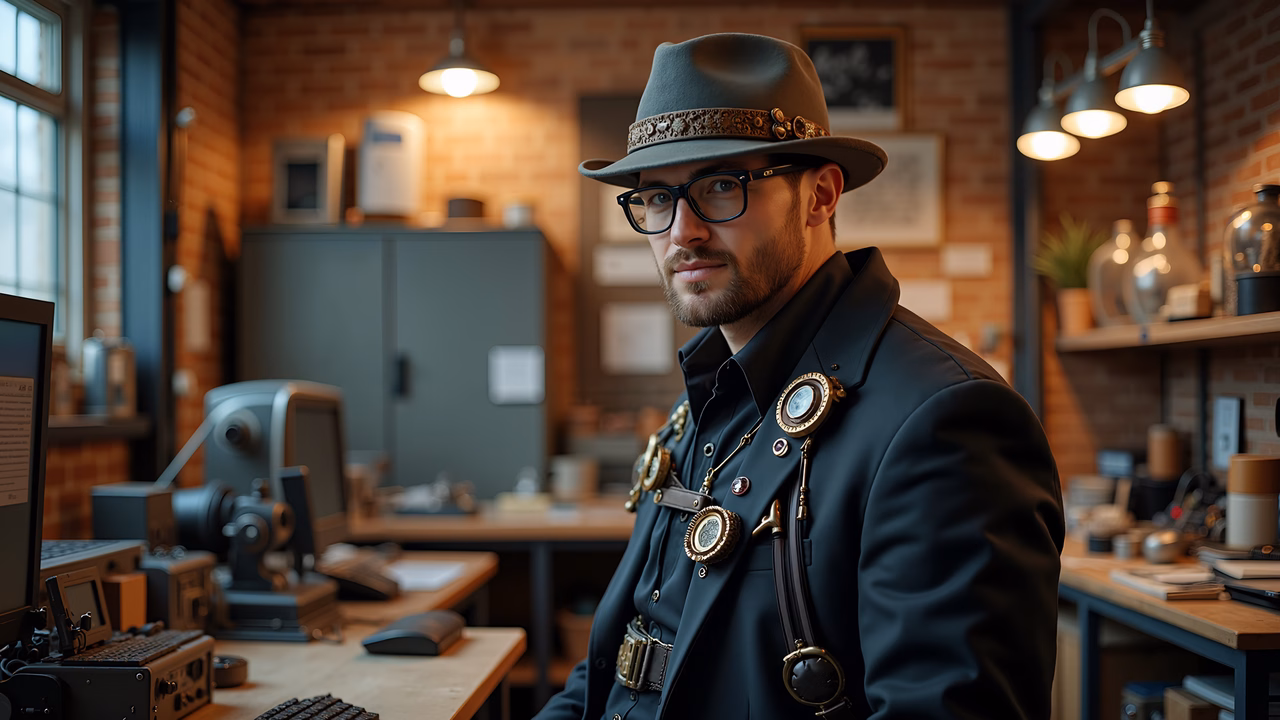 Vintage detective in a mysterious office, exuding intrigue and nostalgia.