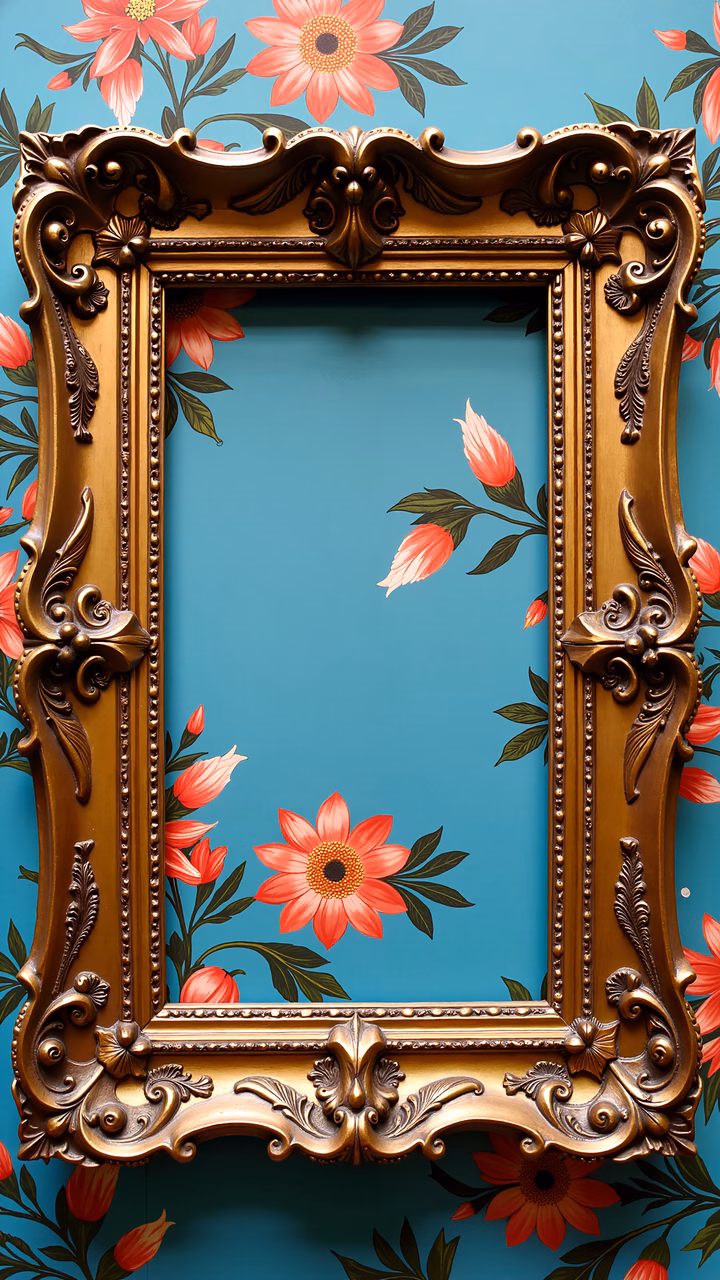 Vintage frame with detailed goldwork on a teal floral background