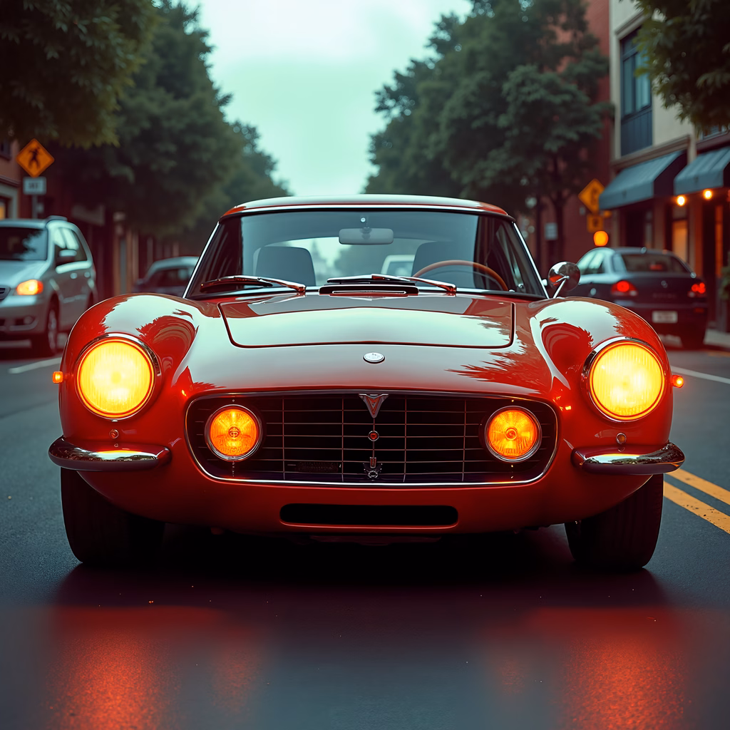 Classic red sports car with yellow headlights on a city street