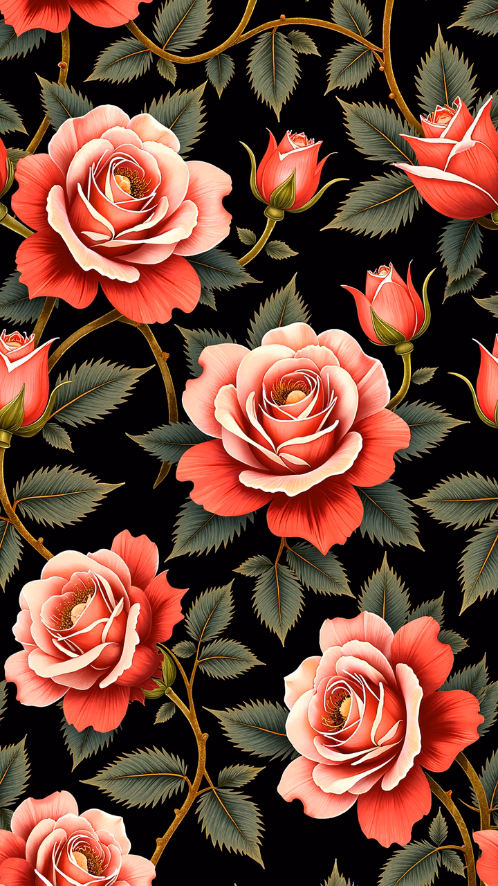 Vibrant red roses on a black background, inspired by vintage botanical prints.