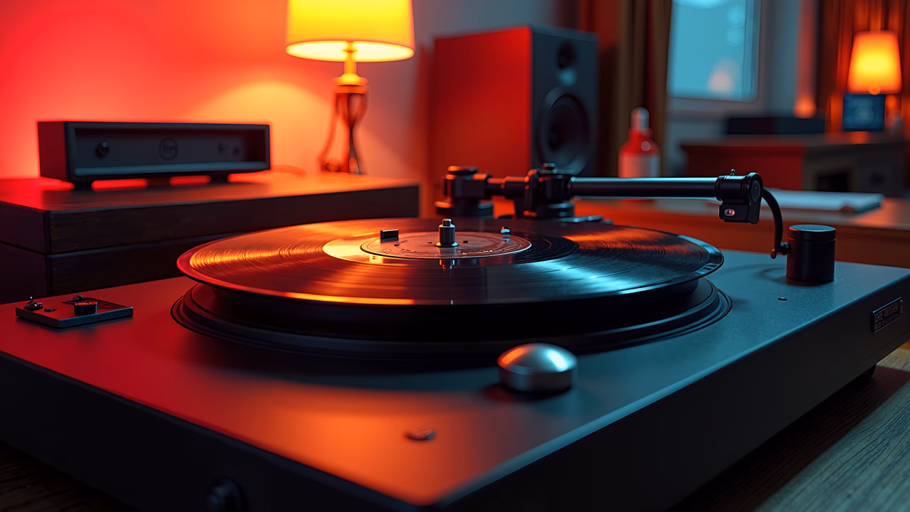 Warmly lit vinyl record player, evoking nostalgia and music appreciation.