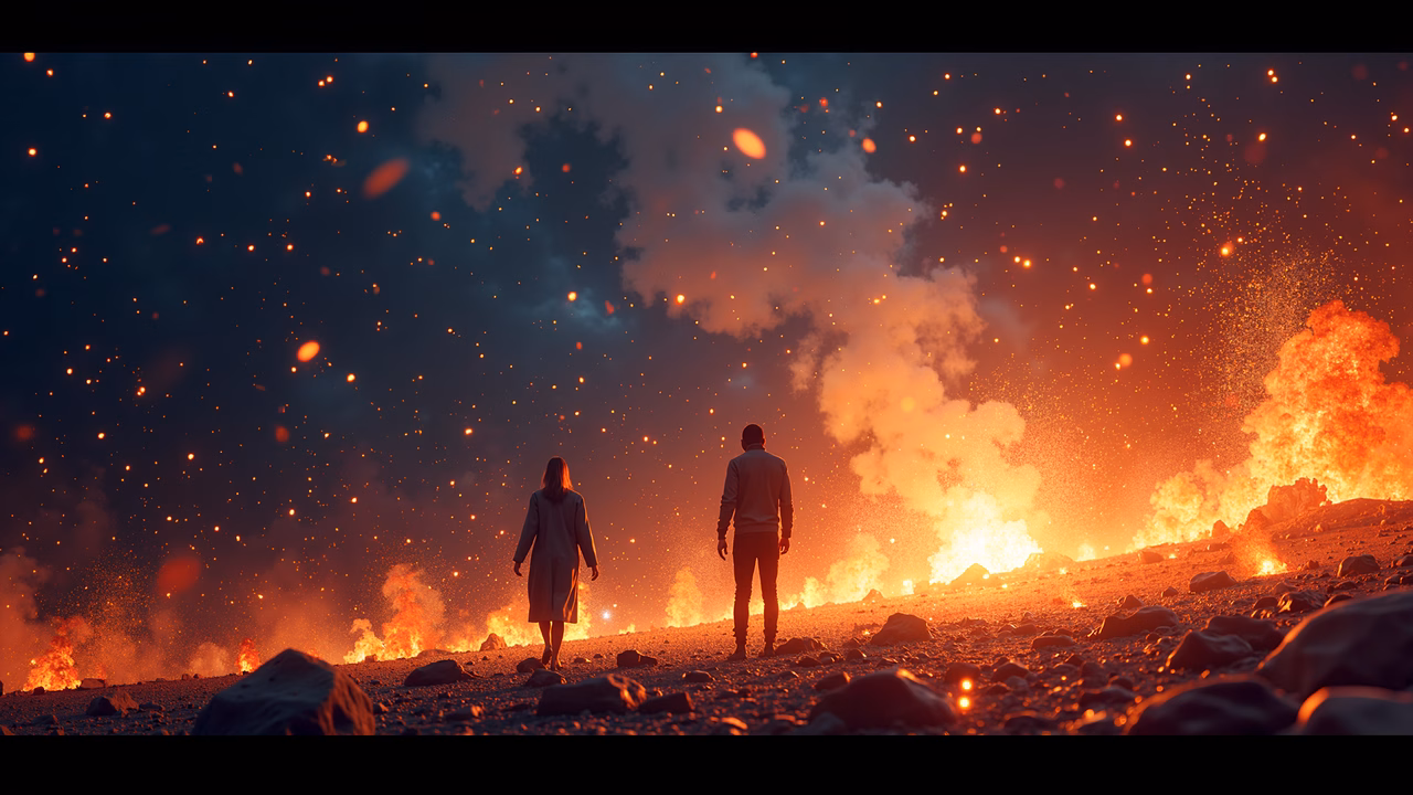 Two figures witness a volcanic eruption under a fiery sky.