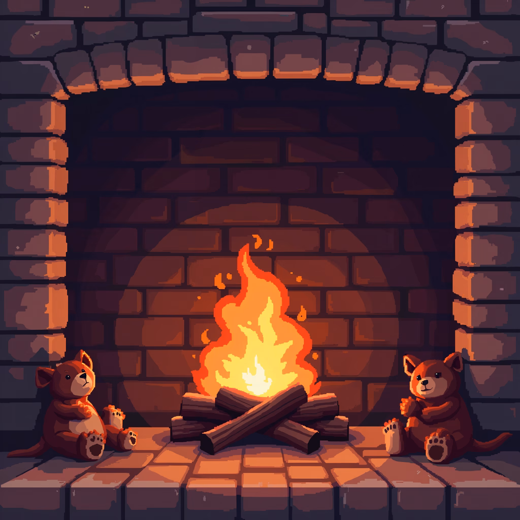 Two teddy bears by a cozy fireplace, creating a warm and comforting scene.