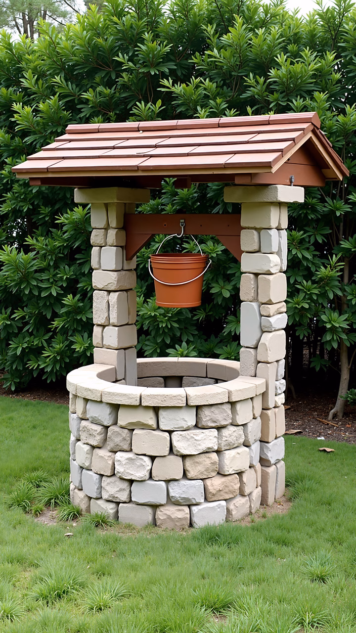 A rustic stone wishing well surrounded by greenery, evoking tranquility and nostalgia.