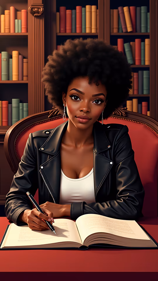 Woman Reading in Leather Jacket