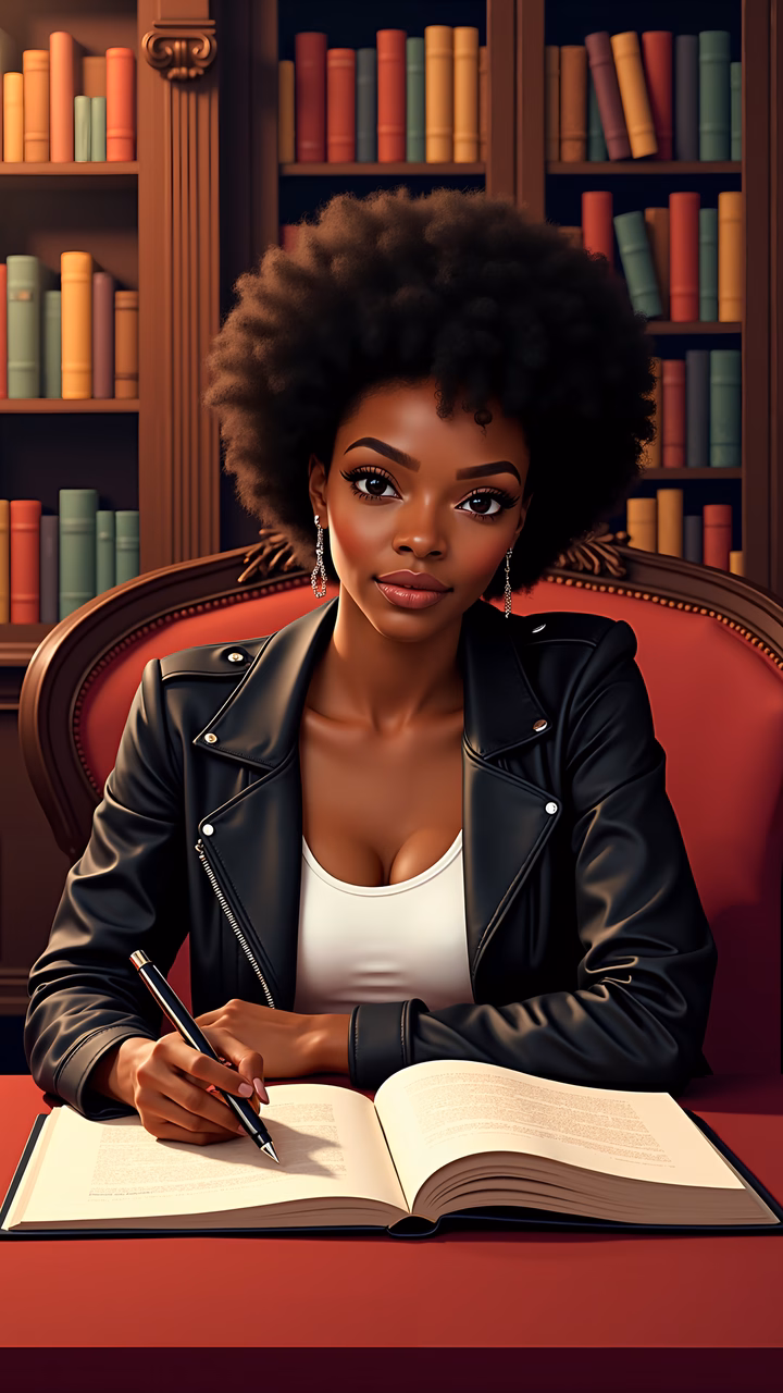 A woman in a leather jacket reading in a library setting.