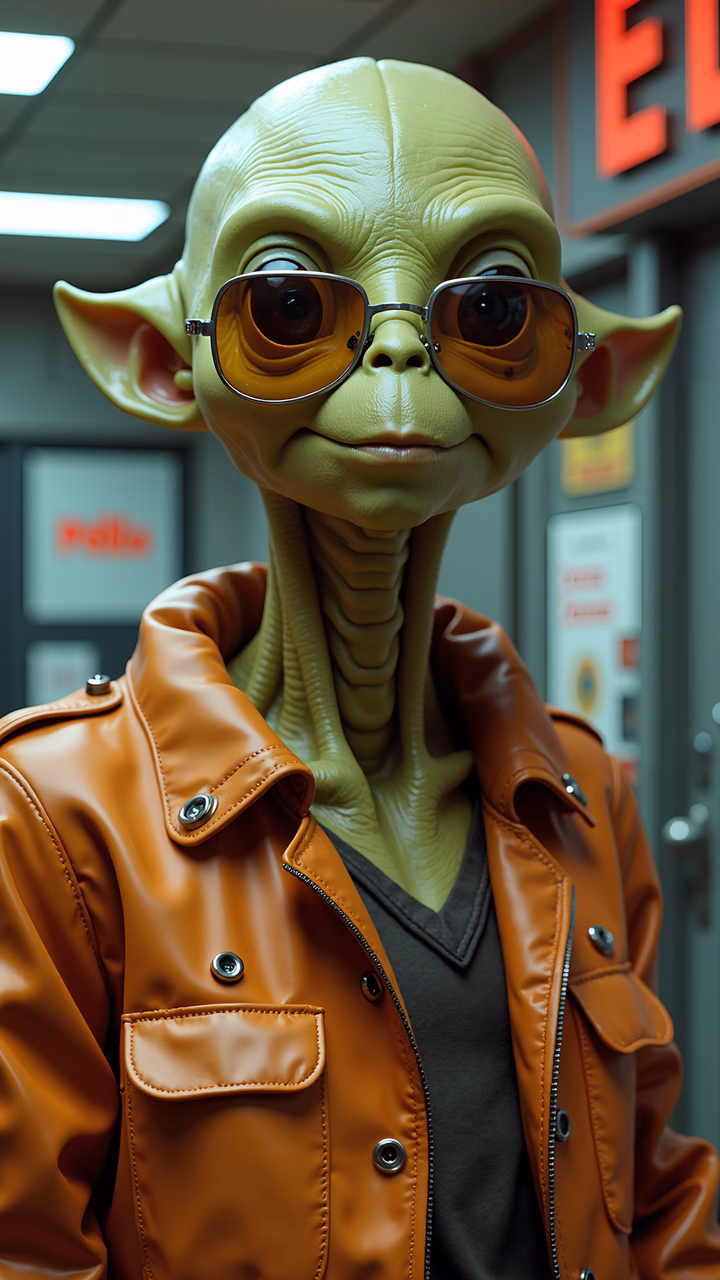 Yoda in a leather jacket, futuristic setting, cool and edgy vibe