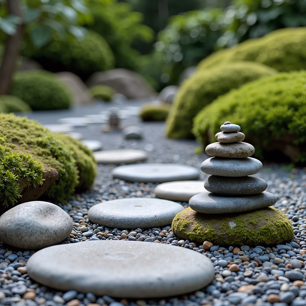 A peaceful Zen garden path with stepping stones and lush greenery.