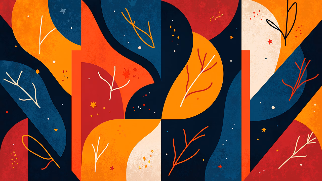 Vibrant autumnal abstract illustration with warm and cool color contrasts.