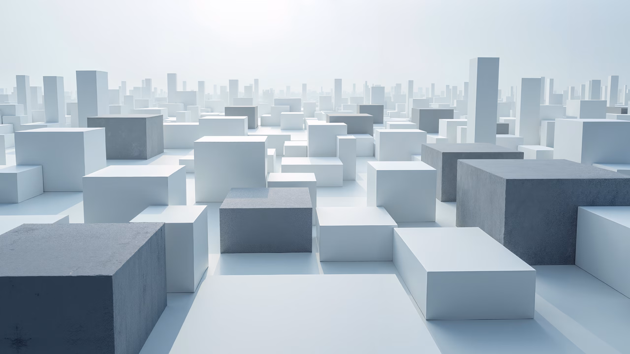Minimalist abstract cityscape with geometric shapes and soft lighting.