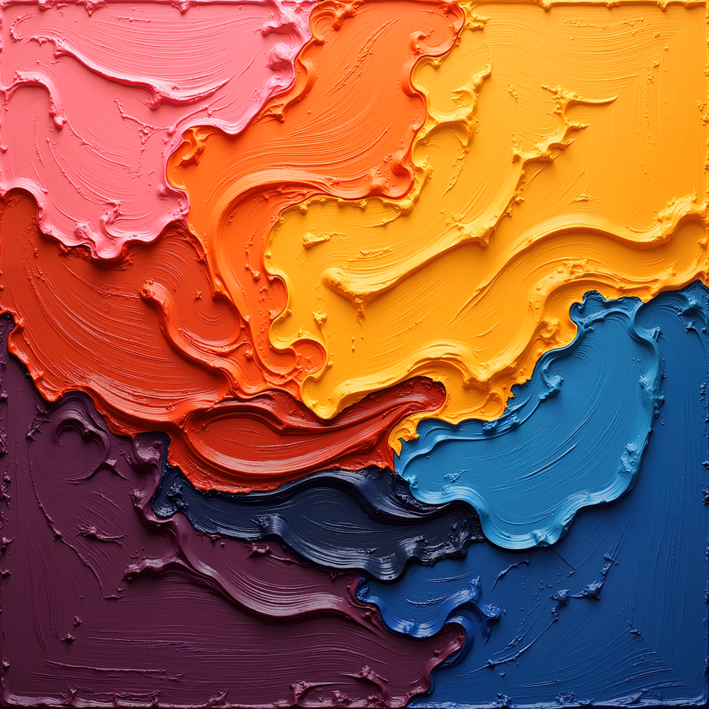 Vibrant abstract painting with bold, swirling strokes in a colorful spectrum.