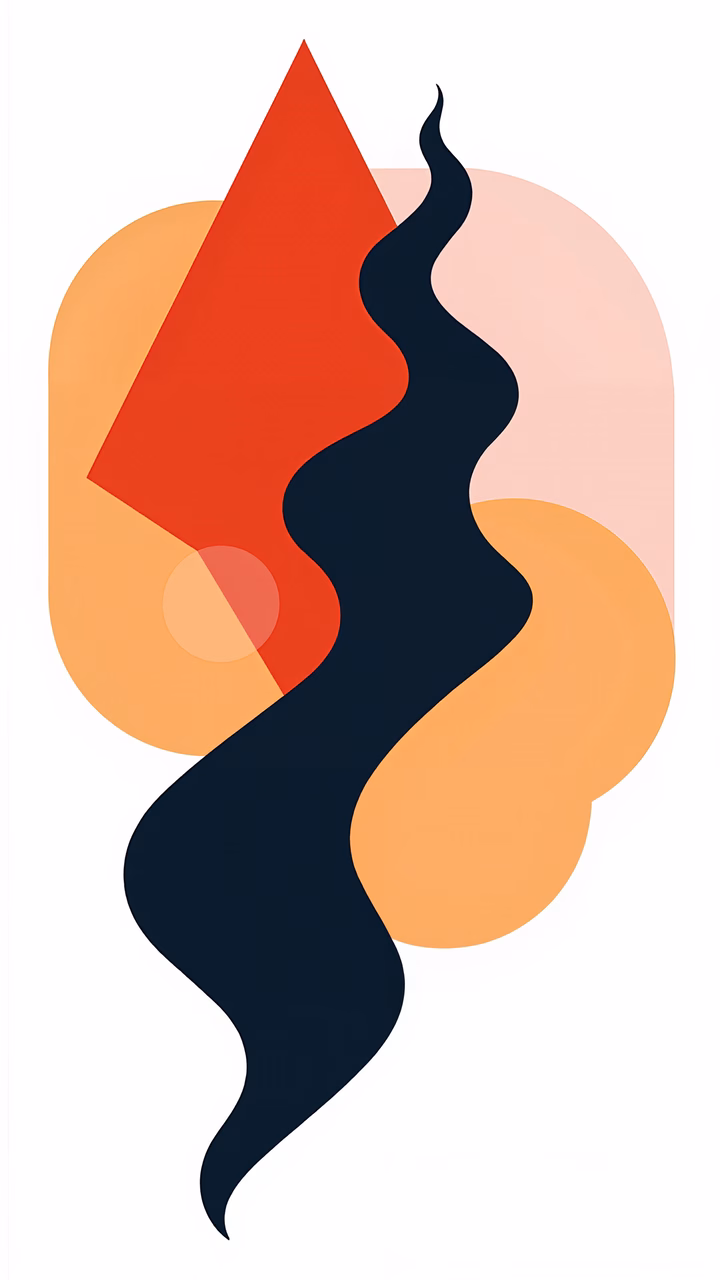 Dynamic geometric shapes in warm tones create a vibrant abstract composition.