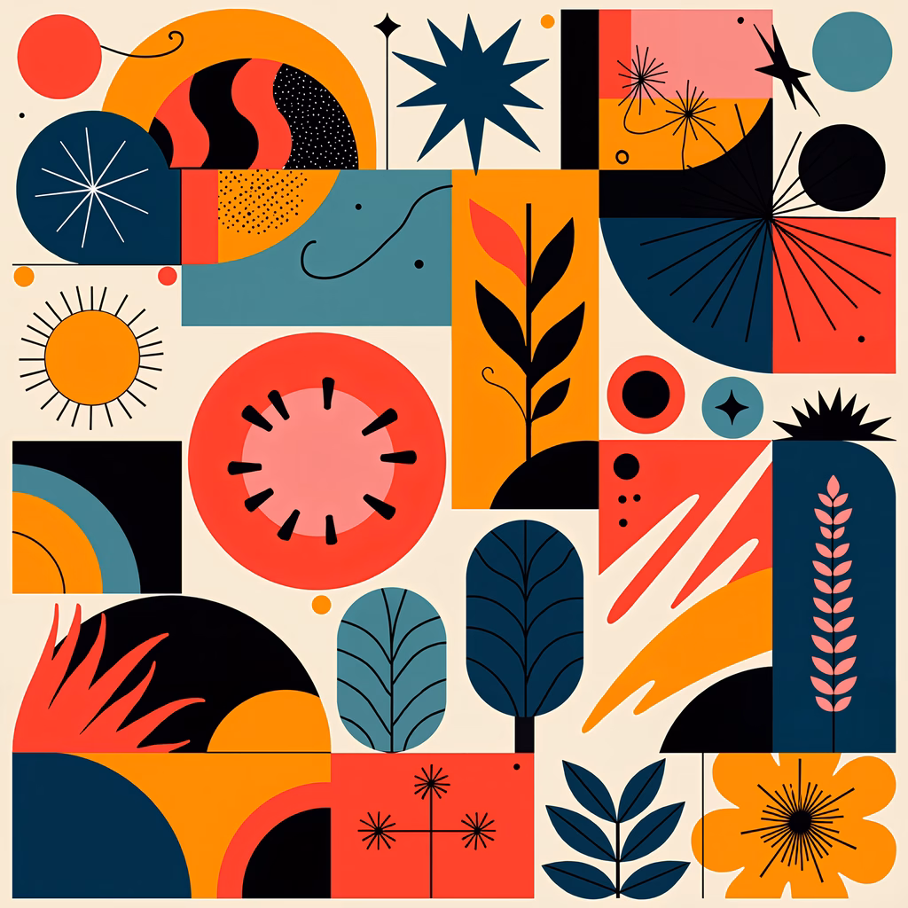 Bold, geometric abstract illustration with vibrant colors and intricate patterns.