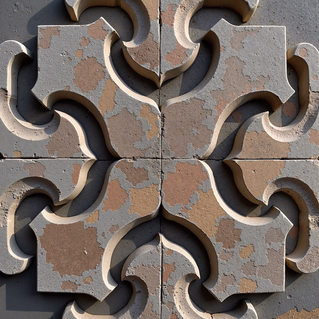 Close-up of abstract concrete tiles with intricate organic shapes and textured surfaces.