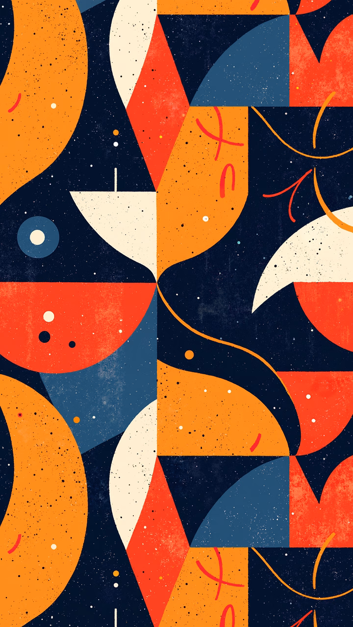 Bold geometric shapes in vibrant colors create a dynamic and modern abstract composition.
