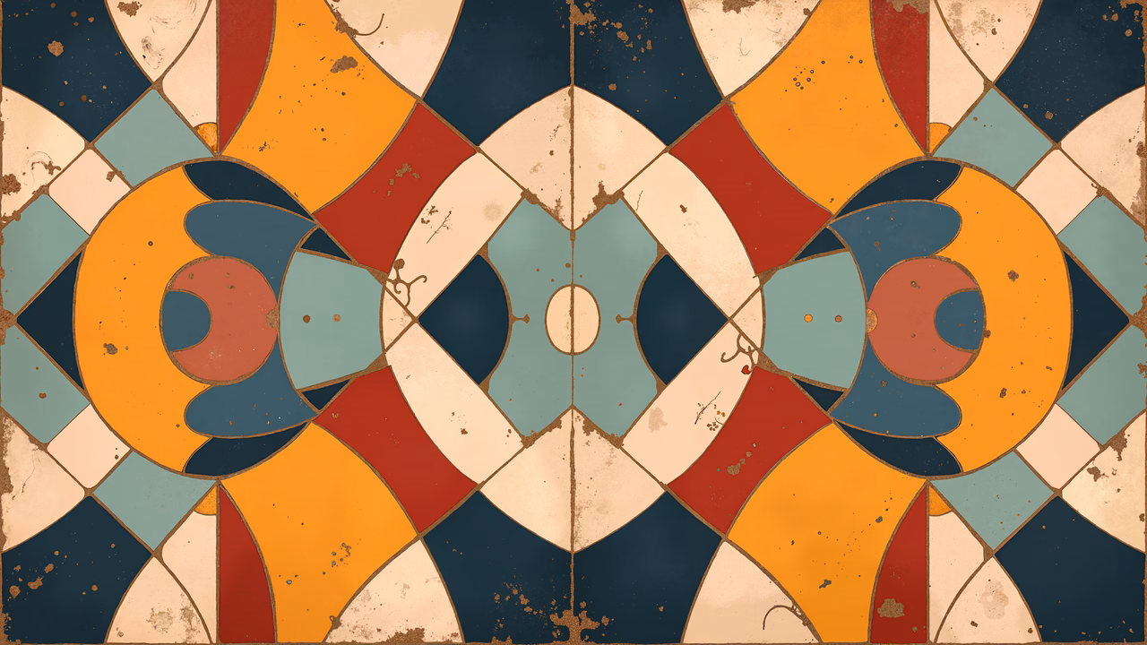 Vibrant geometric mosaic with warm colors and intricate patterns.