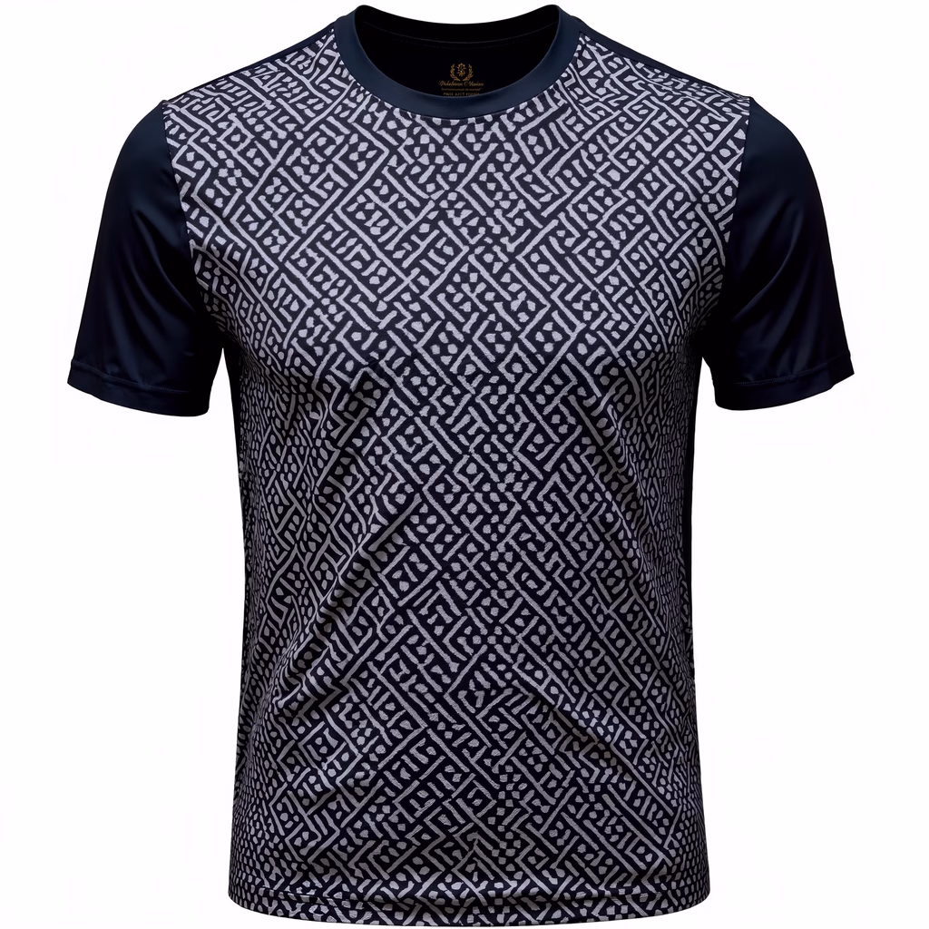 Bold geometric pattern on a dark navy T-shirt, inspired by African mud cloth designs.
