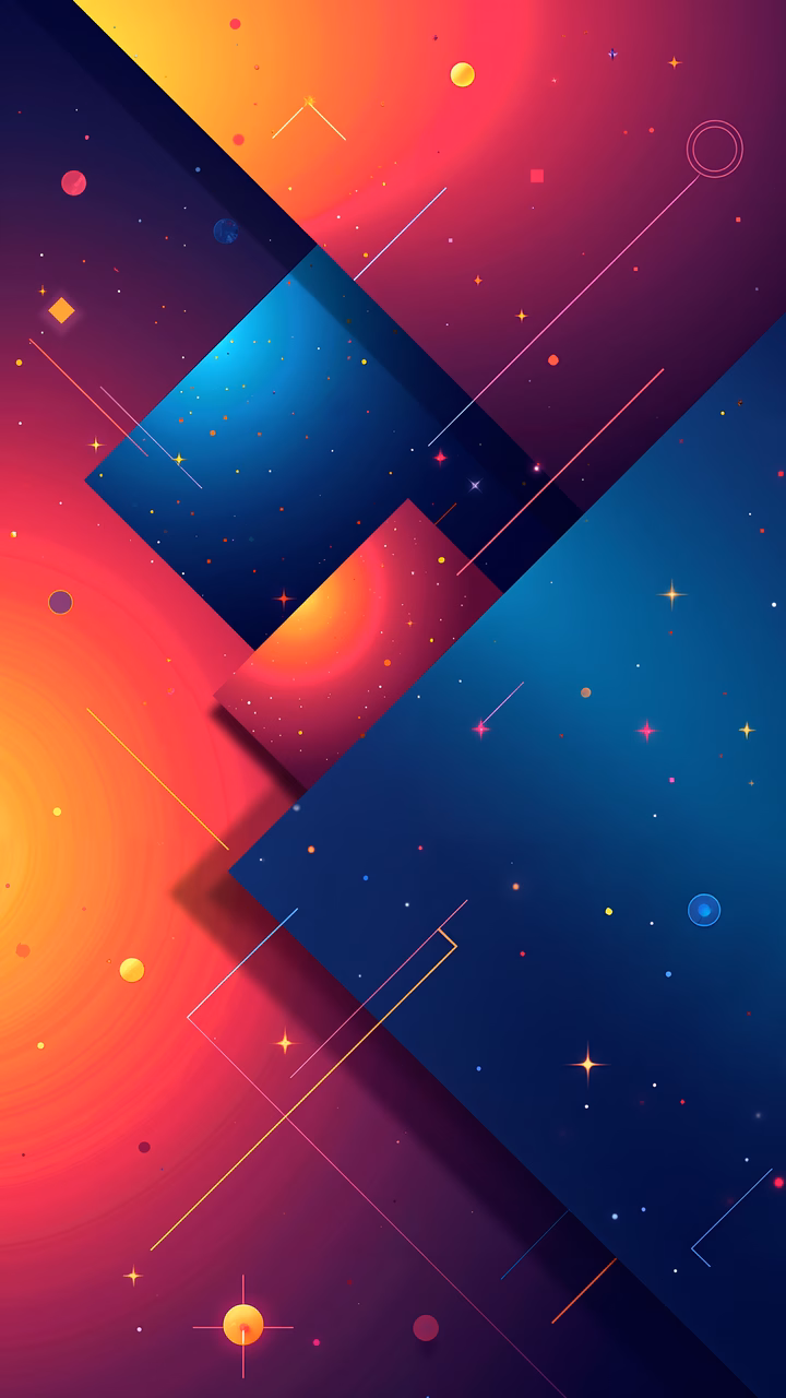 Bold geometric shapes in a vibrant color palette create a dynamic and modern abstract illustration.